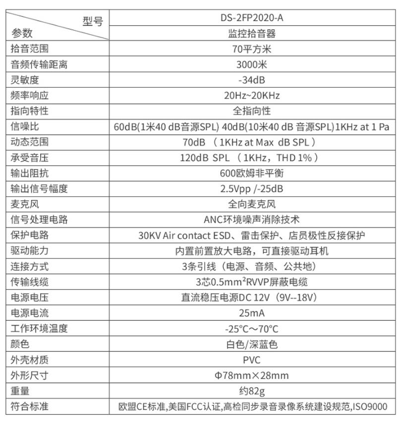 海康威視DS-2FP2020-A 監(jiān)控專用拾音器